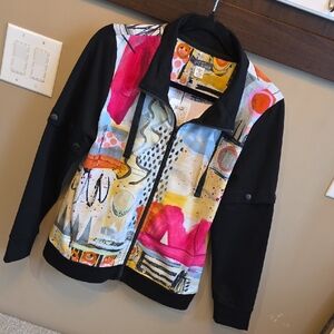 Abstract Print Black Sleeve Jean Jacket - Artistic Colorblock